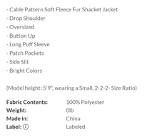 Load image into Gallery viewer, Cable Pattern Soft Fleece Shacket/Jacket
