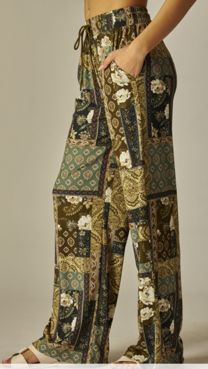 Green Print Wide Leg Pant