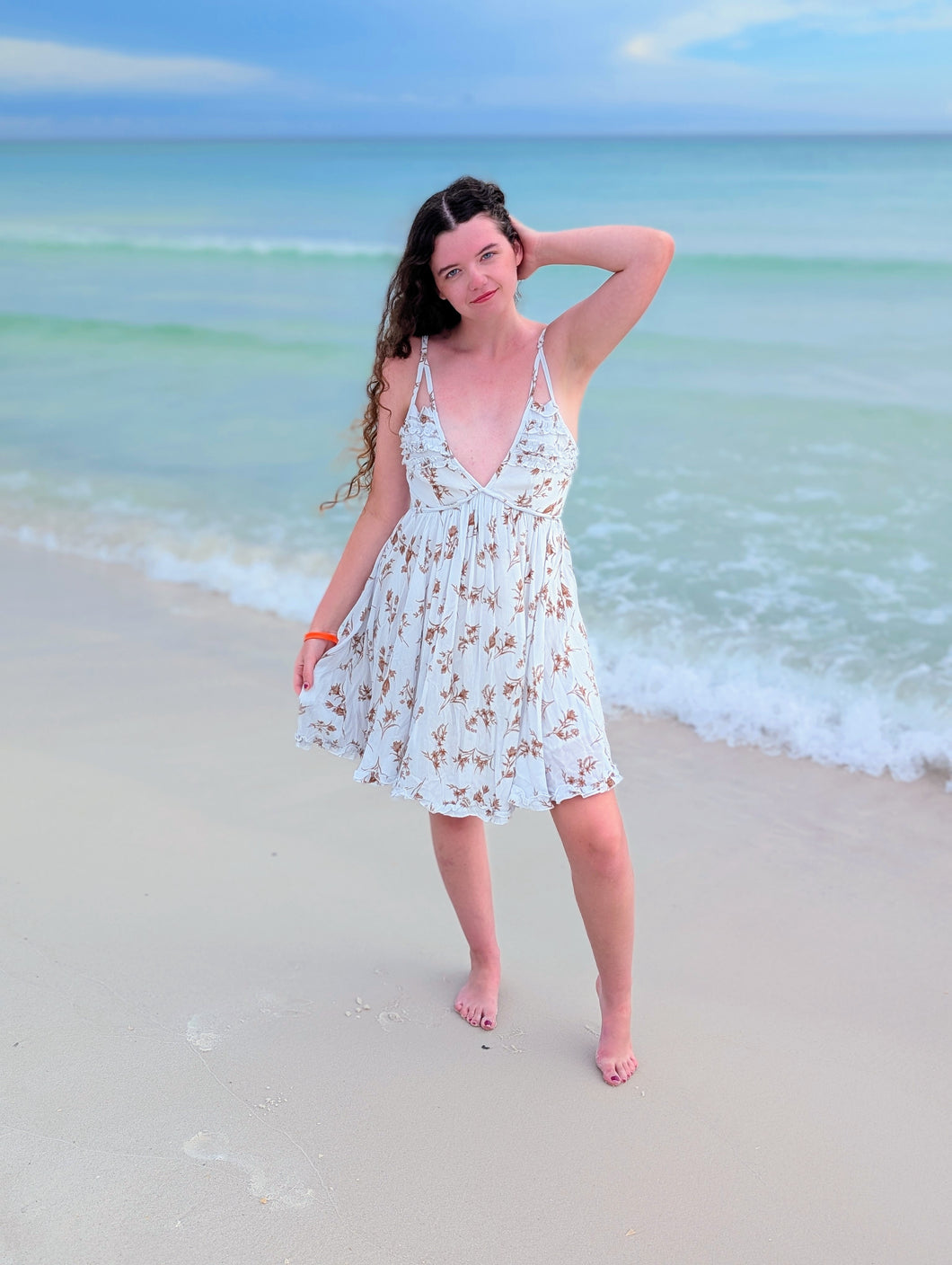 White Dress with Brown Floral