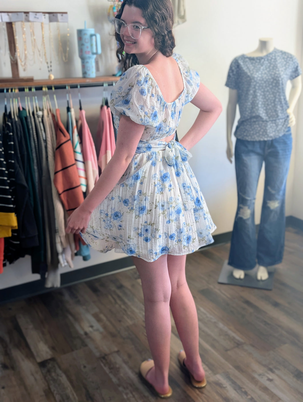 Blue Floral Tie Back Dress
