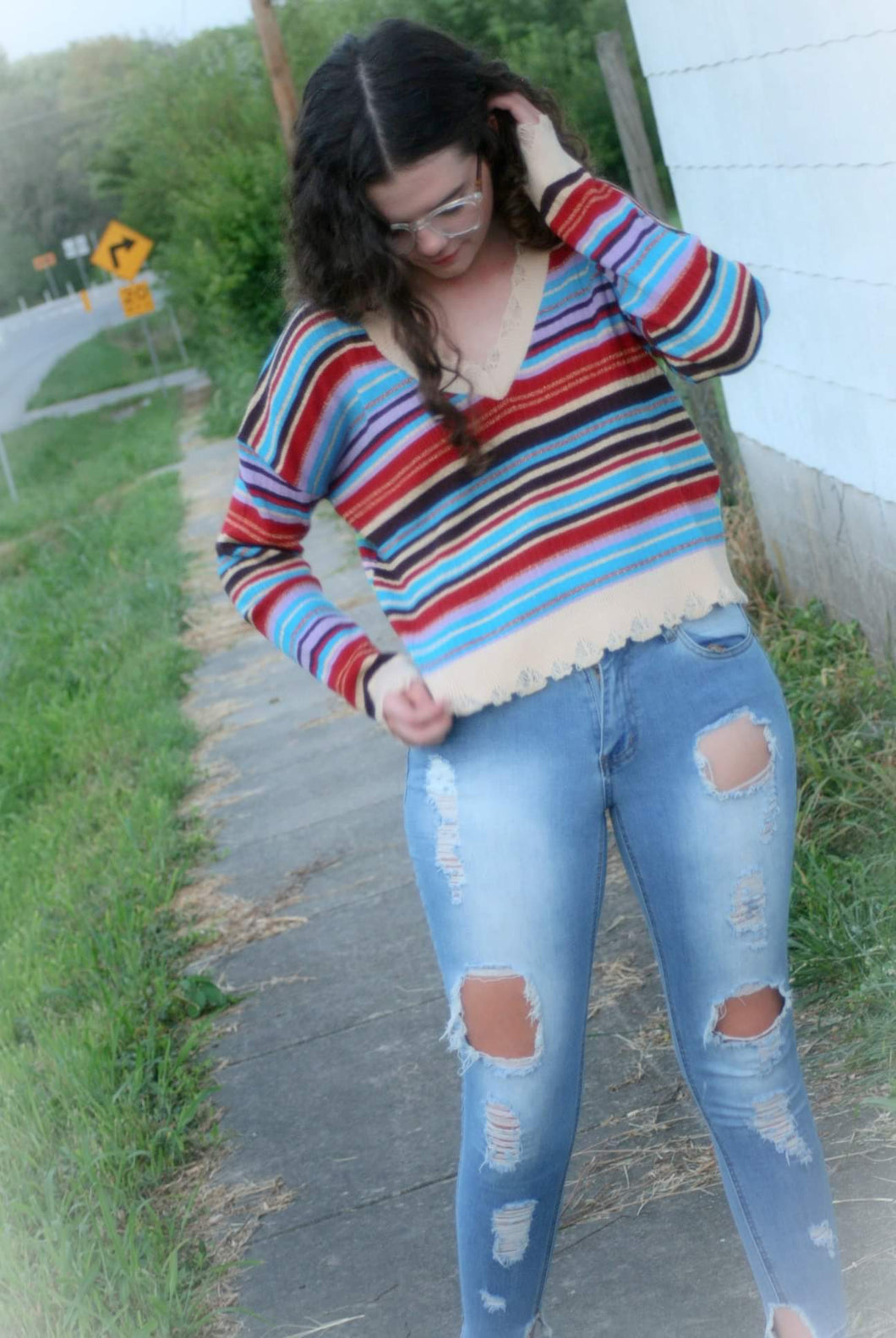 Striped Ribbed Distressed Sweater